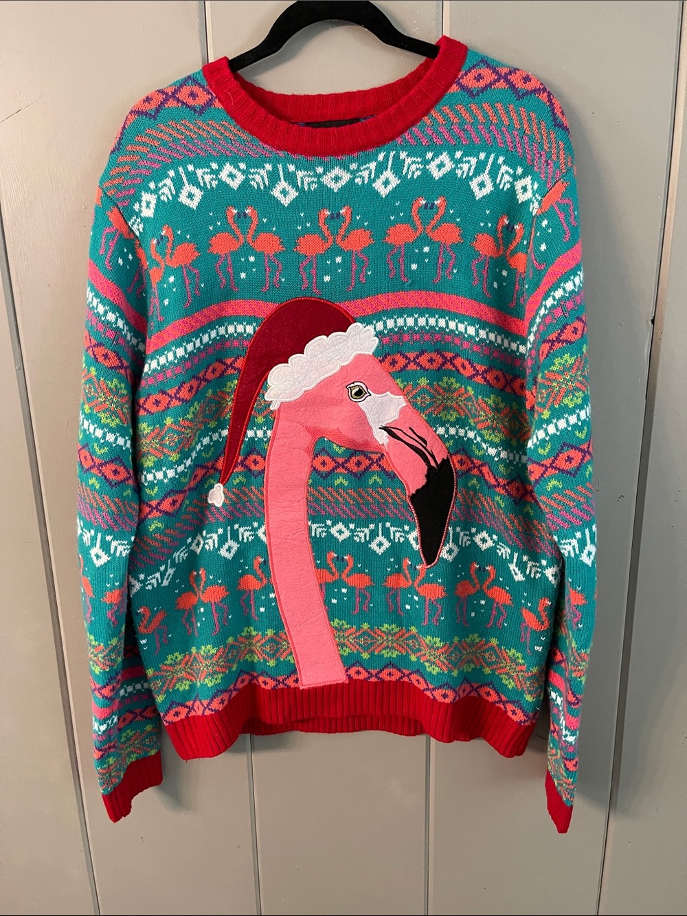 Blizzard Bay men’s Sweater Pink Flamingo Santa Christmas Holiday Fair Isle Green